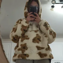 V-hanver-Sudadera con capucha para mujer, suéter con patrón de oso, de felpa cálida, Estilo Vintage coreano, holgado, para invierno, 2020