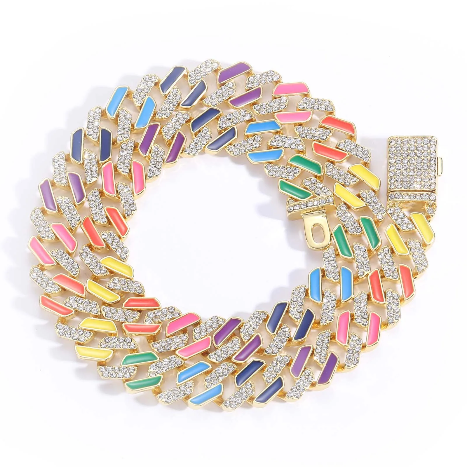 

12MM Iced Out Cuban Necklace Link Chain For Women Crystal Chain Colorful Enamel Choker Necklace Rainbow Bracelet Jewelry