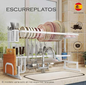 

Dish rack with 2 levels of large capacity, sink organizer rack with hooks for kitchen utensils