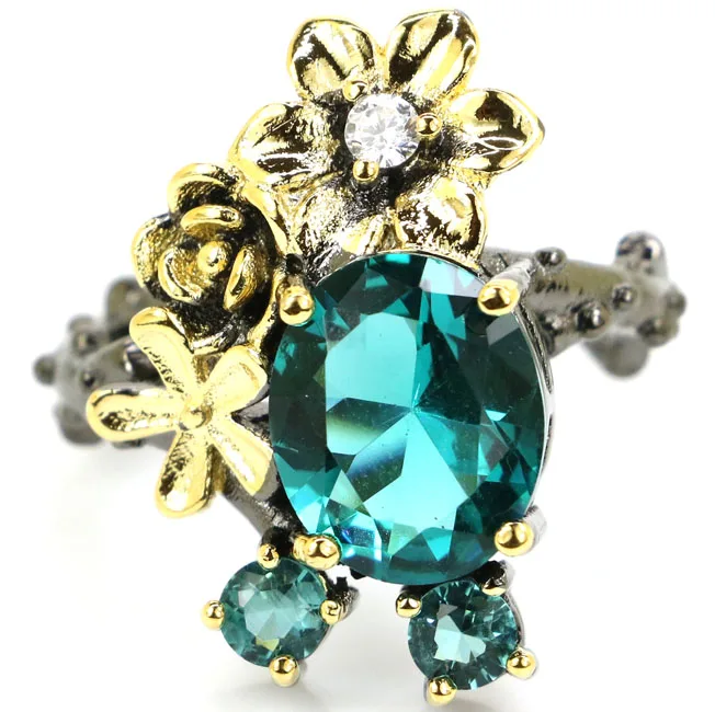 

25x18mm Sublime Antique Vintage Rich Blue Aquamarine Gift For Girls Black Gold Silver Rings