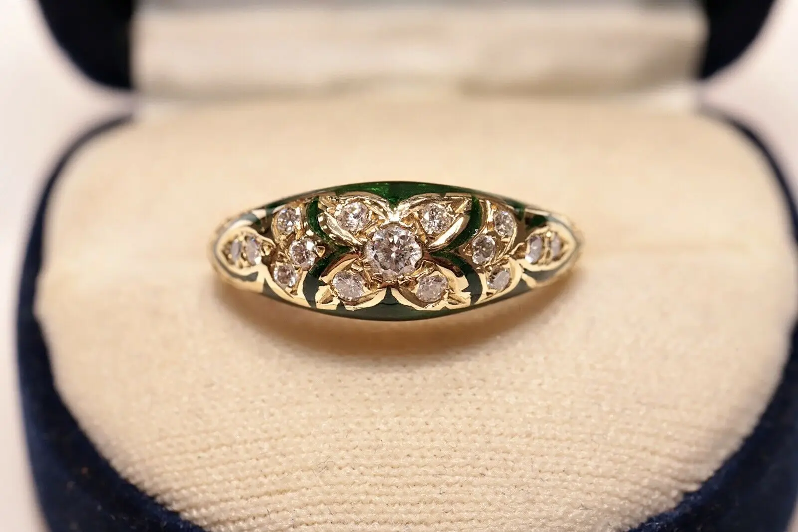

VICTORIAN STYLE NEW MADE 14K GOLD NATURAL DIAMOND DECORATED ENAMEL RING