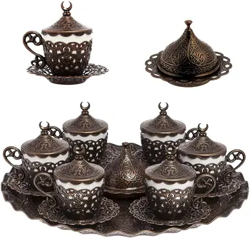 

Handmade authentic Design Turkish Greek Arabic Coffee Espresso Set for 6 Service, Cups Saucers Lids Tray Delight Candy Dish GIFT