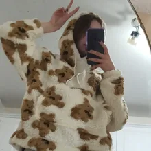 V-hanver-Sudadera con capucha para mujer, suéter con patrón de oso, de felpa cálida, Estilo Vintage coreano, holgado, para invierno, 2020