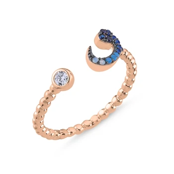 

KUTAYDAN Blue Grayscale Nano Stone Adjustable Vav Ring 925 Sterling Silver