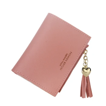 

Women Wallet Mini Simple Solid Color Short Ladies Wallet Love Tassel 2 Fold Letter Card Bag Purse Ladies Clutch Bag