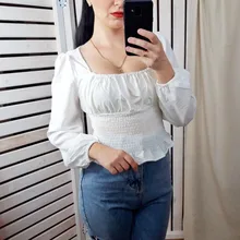 Short Blouses Womens Tops Long-Sleeve Vintage Square-Collar Casual Simple New Bow Solid