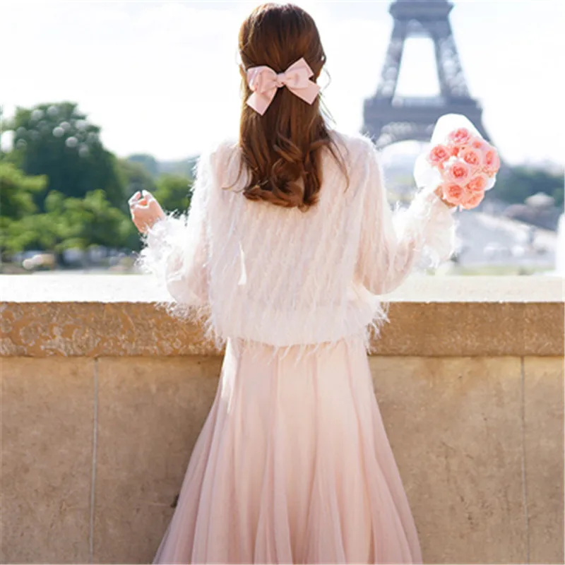 2020 autumn new feather tassel mesh splicing