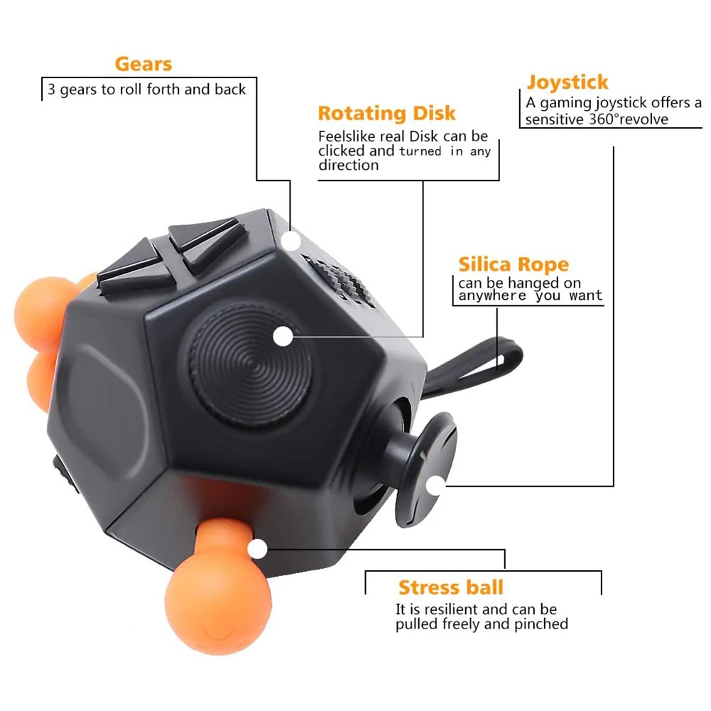 Fidget Toy Cube Anxiety Stress Relief 12 Sided Sensory Finger for Adults and Kids Black fidget toys,puzzle toys,anti stress toys,puzzle cube,magic puzzle cube