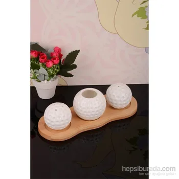 

Bamboo Standing Porcelain Golf Ball Salt Shaker Toothpick Holder Set