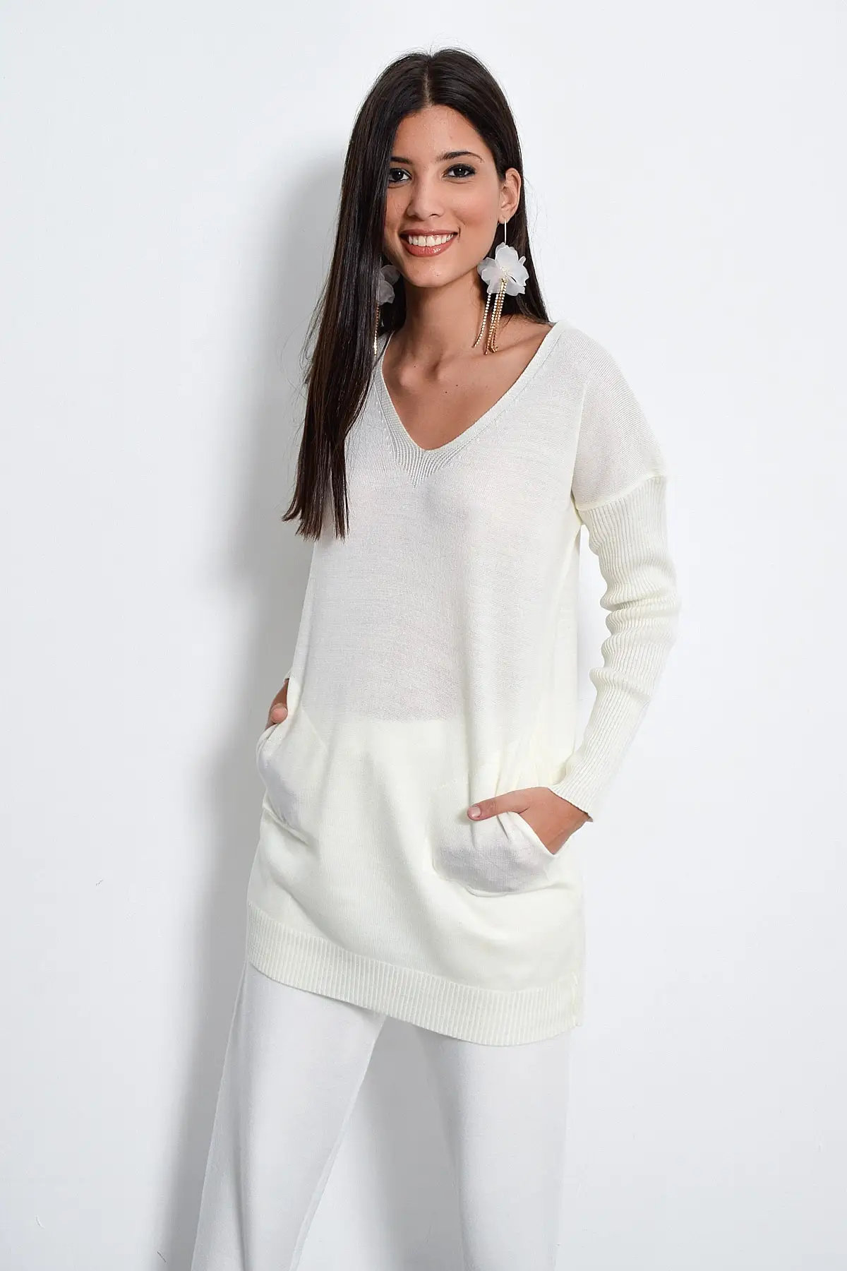 Cool &amp Sexy Women Raw White V-Neck Pockets Knitwear Sweater YV10 |