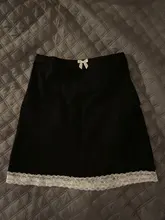 ALLNeon E-chica dulce ribete de encaje con moño negro faldas Y2K estética sólido alto cintura Bodycon falda corta Clubwear 90s fondos Vintage