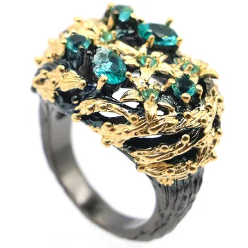 

25x19mm 12.4g Unique Bohemia Design Created Aquamarine Gift For Women Amazing Jewelry Dating Girls Black Gold Silver Rings