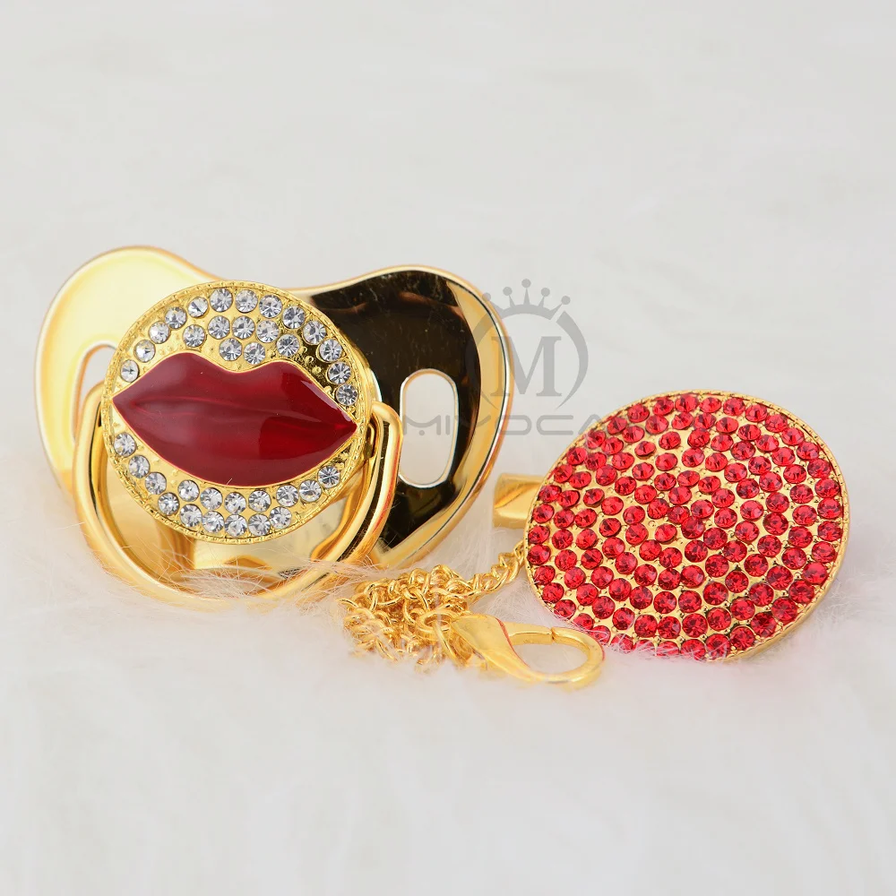

MIYOCAR Gold beautiful bling red lips pacifier and lips bling pacifier clip set BPA free dummy bling unique design ALIP