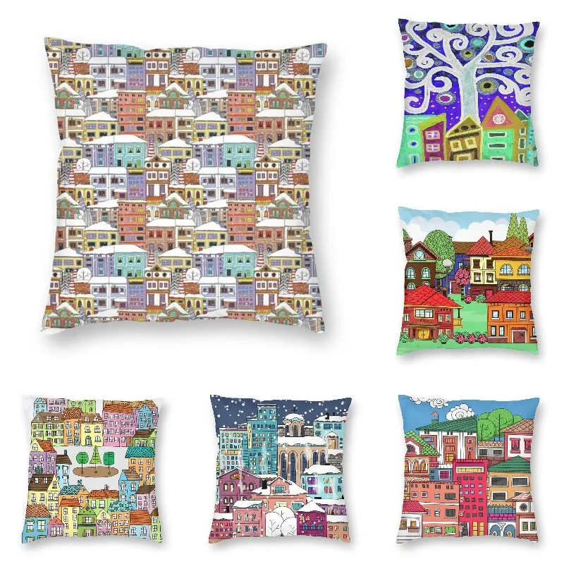 

Hand Drawn Graffiti Winter Town Pattern Sofa Cushion Cover Cartoon Tree Doodle House Illustration Throw Pillow Case Home Decor