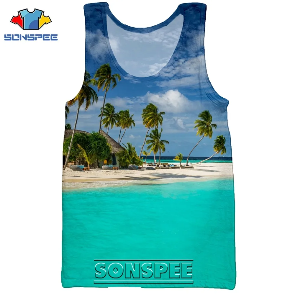 SONSPEE 3D Print Palm Tree Summer Beach Sea Men's Tank Tops Casual Fitness Bodybuilding Gym Muscle Men Sleeveless Vest Shirt