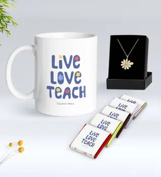 

Personalized Age Love Teach White Mug Chocolate and Is Daisy Necklace Gift Seti-1