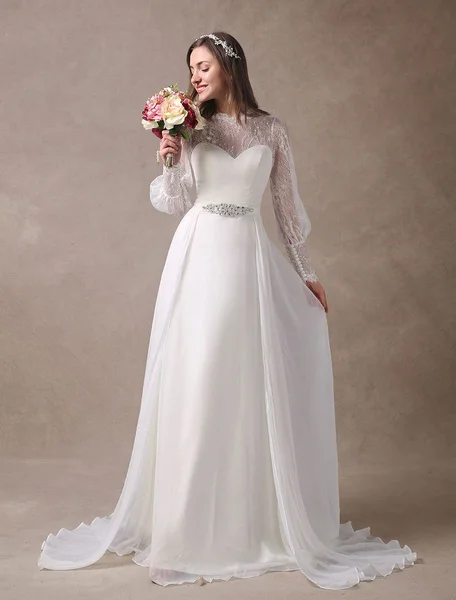 Wit Trouwjurken Lange Mouw Kant Chiffon Kralen Sash Illusion Beach Bridal Dress Met Trein Wit Trouwjurken Lange Mouw Kant Chiffon Kralen Sash Illusion Beach Bridal Dress Met Trein