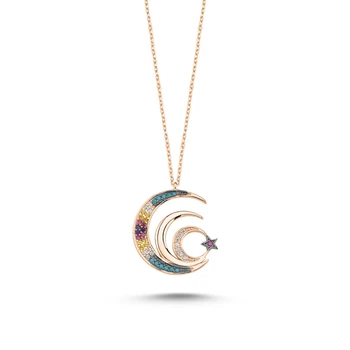 

KUTAYDAN Mix Gemstone Moon Star Necklace 925 Sterling Silver