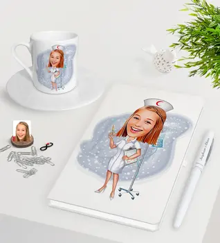 

Personalized Nurse Caricature Of White Notebook Pen Turkish Coffee Cup Seti-2
