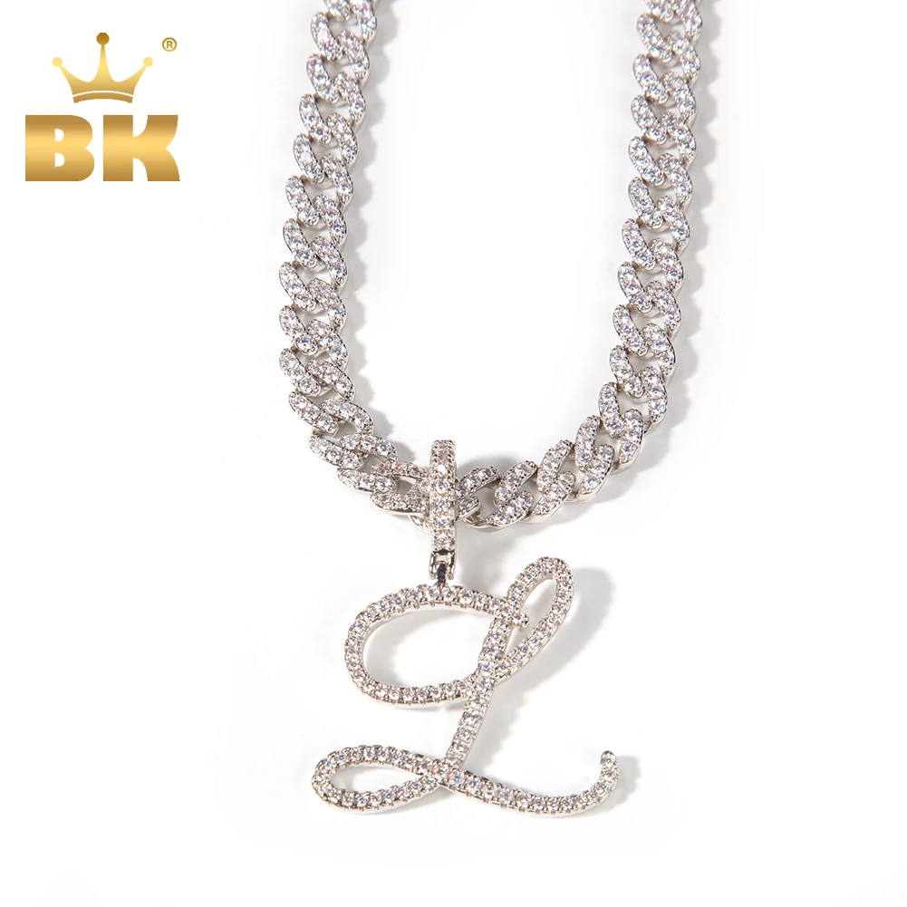 THE BLING KING Cursive Letters With 9mm Iced Out Cuban Chain Brush Cubic Zirconia Intial Name Necklace Charm Hiphop Jewelry | Украшения и