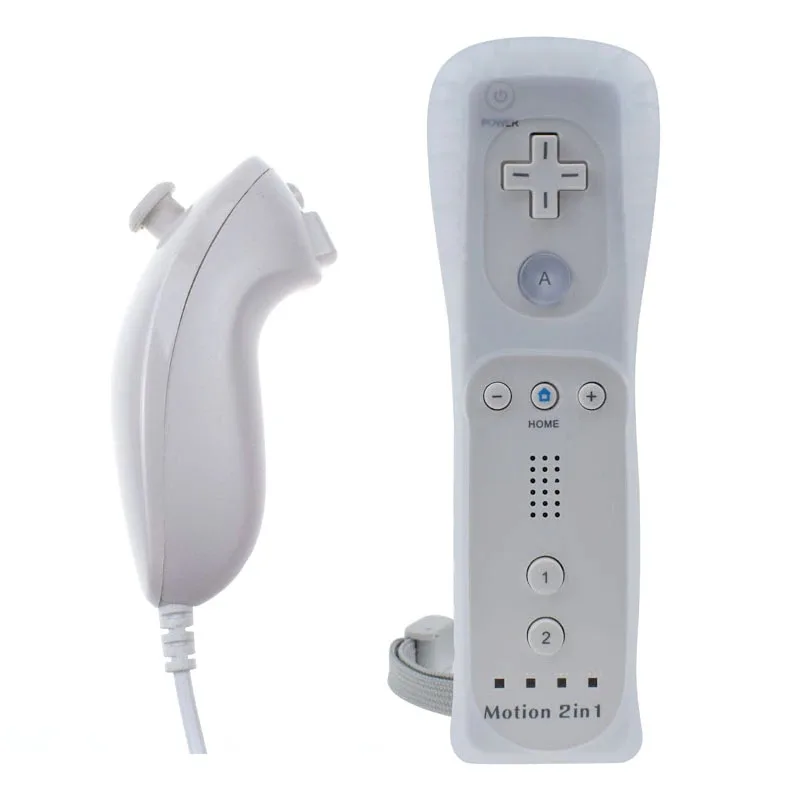 Pack Wii Remote with built-in Wiimotionplus + Nunchuck Compatible White 2 in 1 wireless for Nintendo Joystick Motion Plus and includes silicone