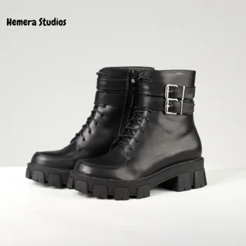 

Hemera Studios platform ankle boots Women 2020 inverno with buckles punk style military boots with heel in black patent leather