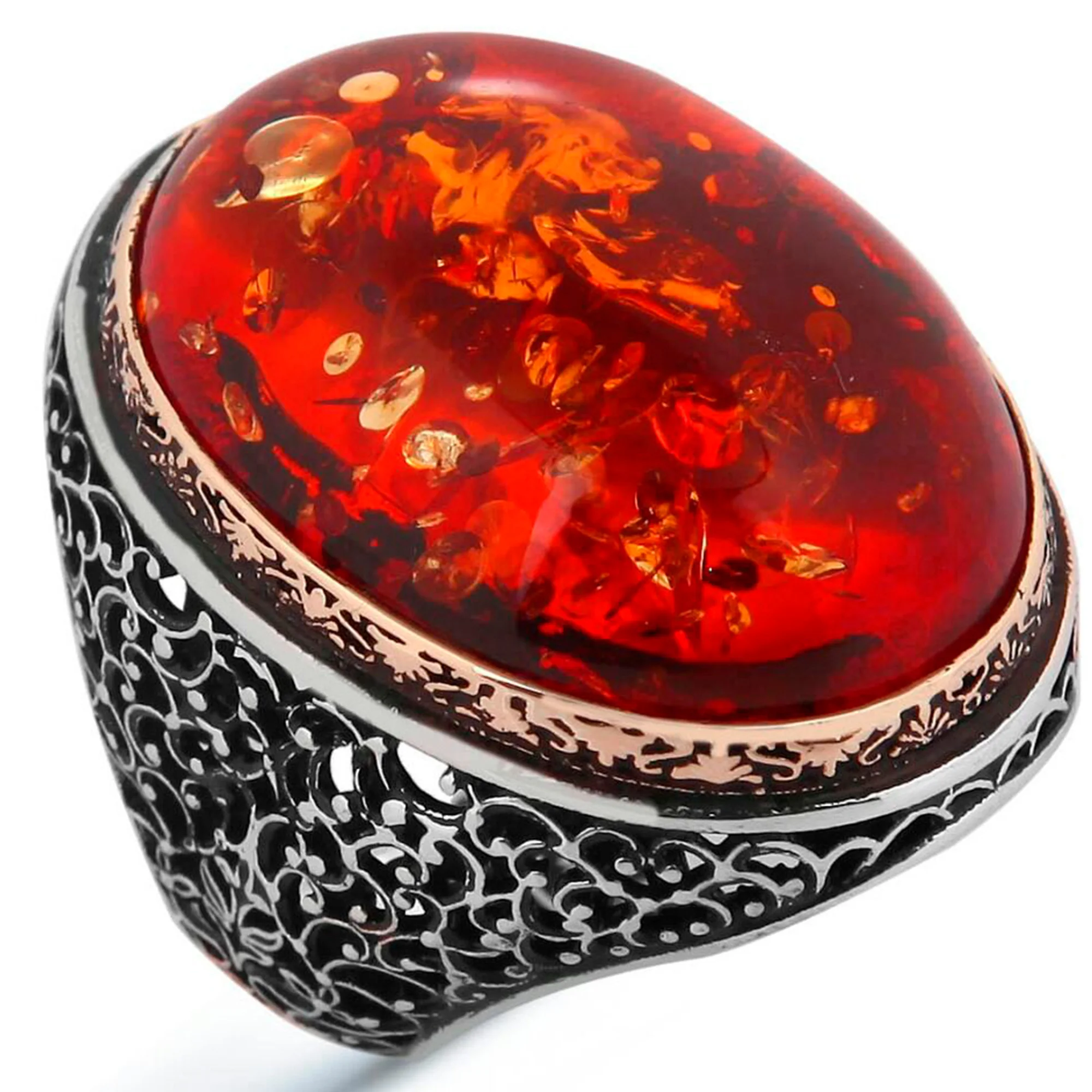 

925 Embroidered Sterling Silver Ring For Man Real Pure Amber Agate Stone Handmade Turkish Jewelry High Quality