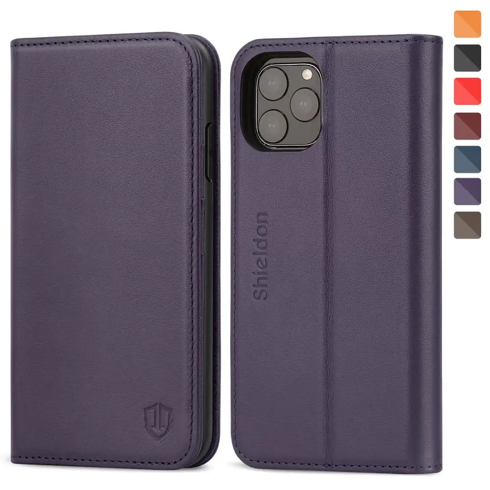 SHIELDON Чехол-бумажник для iPhone 11 Pro Max 6," Натуральная кожаные с отделениями для карт с подставкой и магнитной застежкой Чехол - Цвет: Purple