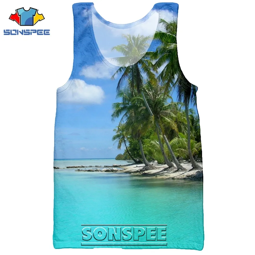 SONSPEE 3D Print Palm Tree Summer Beach Sea Men's Tank Tops Casual Fitness Bodybuilding Gym Muscle Men Sleeveless Vest Shirt