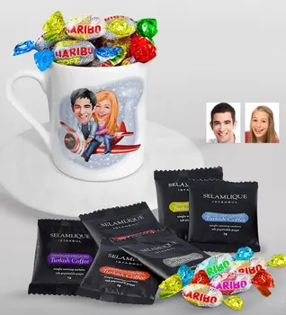 

Personalized Valentine Caricature Of Turkish Coffee Cup Selamlique Mixed Turkish Coffee house And Haribo Candy Gift Seti-11