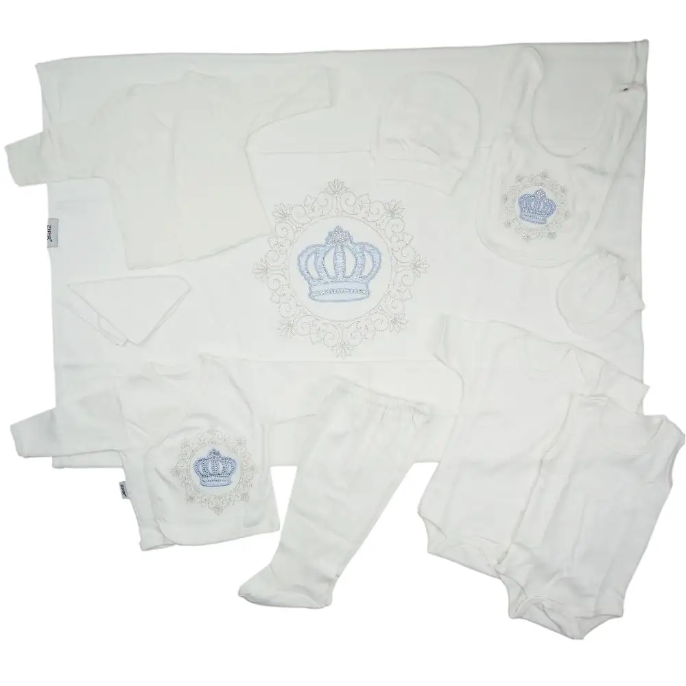 

Newborn Toddler Infant Baby Boy Girl Clothes Crown Gem Crystal 10 pcs Set 0-3 Months Shirt Pant Hat Bib Pink Blue White Cotton