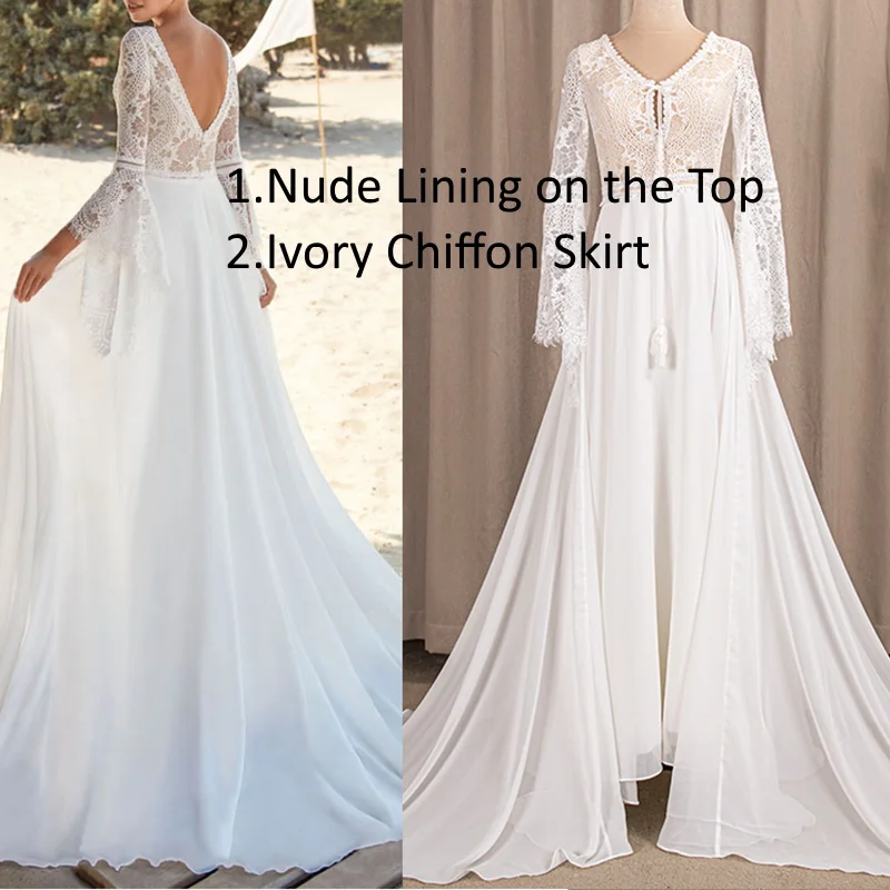 803#2021 New Design Long Lantern Sleeve Empire V-Neck Backless Small Train Beauty Backless Lace Boho Beach Wedding Dresses Women modest wedding dresses Wedding Dresses