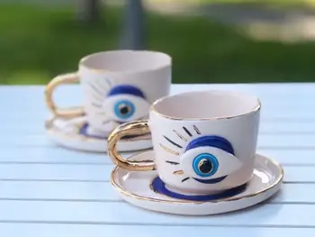 

Handmade Ceramic Authentic original Evil Eye Beaded Turkish coffee Nescafe Yeşilçay glass and saucer