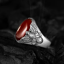 Stone Winged Eagle Ring Solid 925 Sterling Silver Men Ring with Red Agate Ring Raw Natural Gemstone Ring Made in Turkey