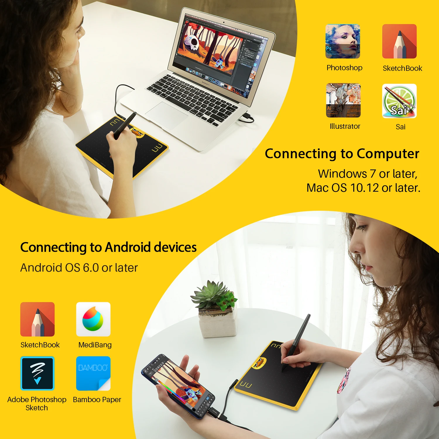 Huion Hs64 Comprimidos Gráficos 8192 Níveis de Desenho Caneta Tablet com Bateria-livre Stylus Pressione Teclas para Android Windows Mac Ios Telefone Mesa Digitalizadora - Imagem 2