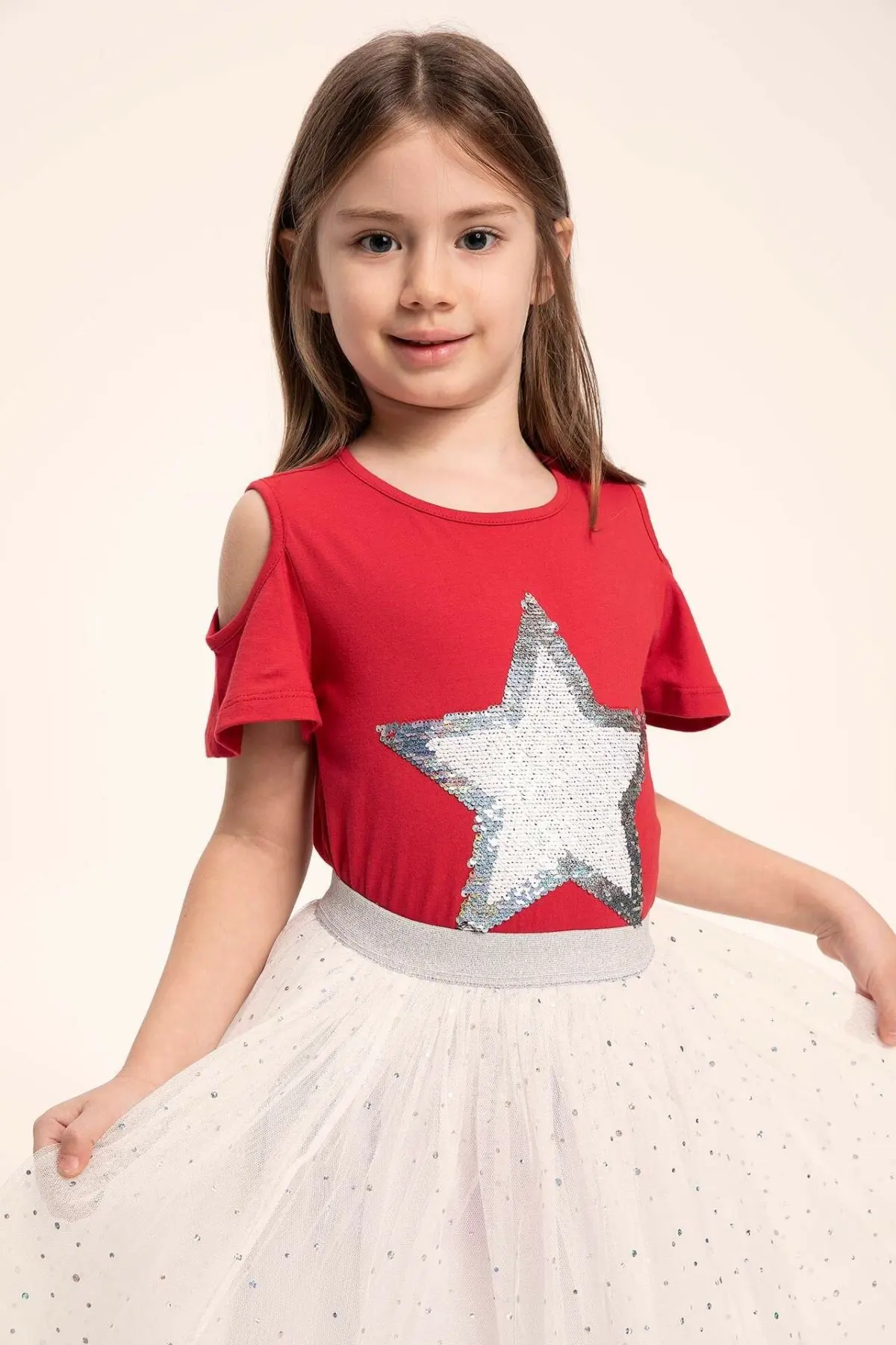 

DeFacto Girl Summer Silver Sequins Decros Top Tees Girls Casual Red Tshirts Kids Star Image T-shirt-K4325A619SP