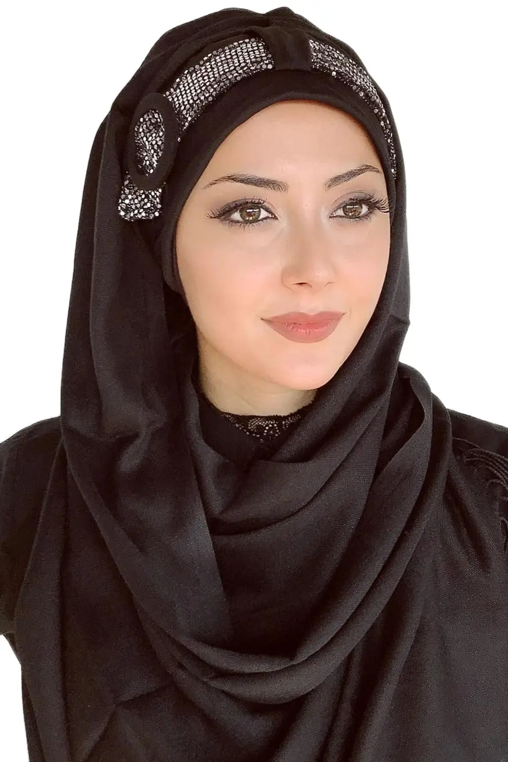 Yeni Moda Başörtüsü Müslüman Başörtüsü İslami Türban Şapka Fular Gümüş Tokalı Kemerli Siyah Abiye Hazır Şal