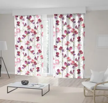 

Curtain Sweet Peas Purple Pink Flowers Pattern Polka Dots on Watercolor Style Artwork Printed