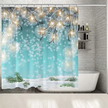 

Shower Curtain Christmas Winter Landscape Fir Branches Snow Covered Land Decorative Elements Tree Twigs Blue Green White Art
