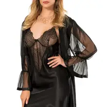 Черный жемчуг женщин 2'li sabahlыkli атласная ночная рубашка костюм