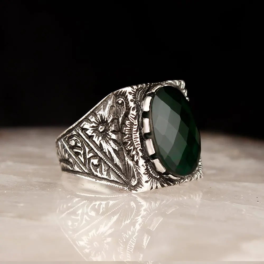 

MEN 'S Green Zircon Stone Pen İşçilikli Hand Job 925 Sterling Silver Ring Handmade Custom Design Made in Turkey