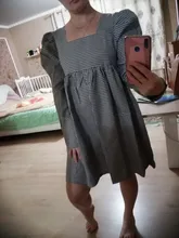 Plaid Dress Puff-Sleeve Square Collar Bclout Black White Sexy Vintage Autumn Casual Woman