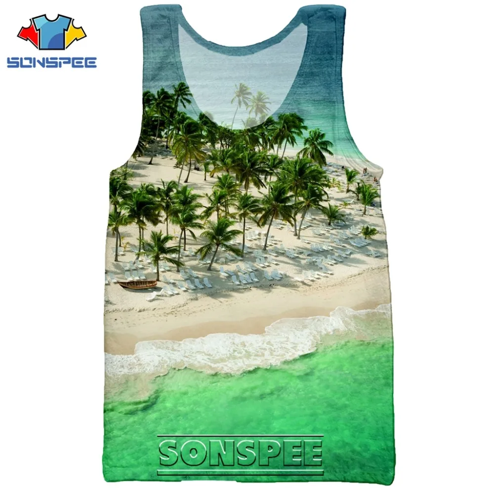 SONSPEE 3D Print Palm Tree Summer Beach Sea Men's Tank Tops Casual Fitness Bodybuilding Gym Muscle Men Sleeveless Vest Shirt