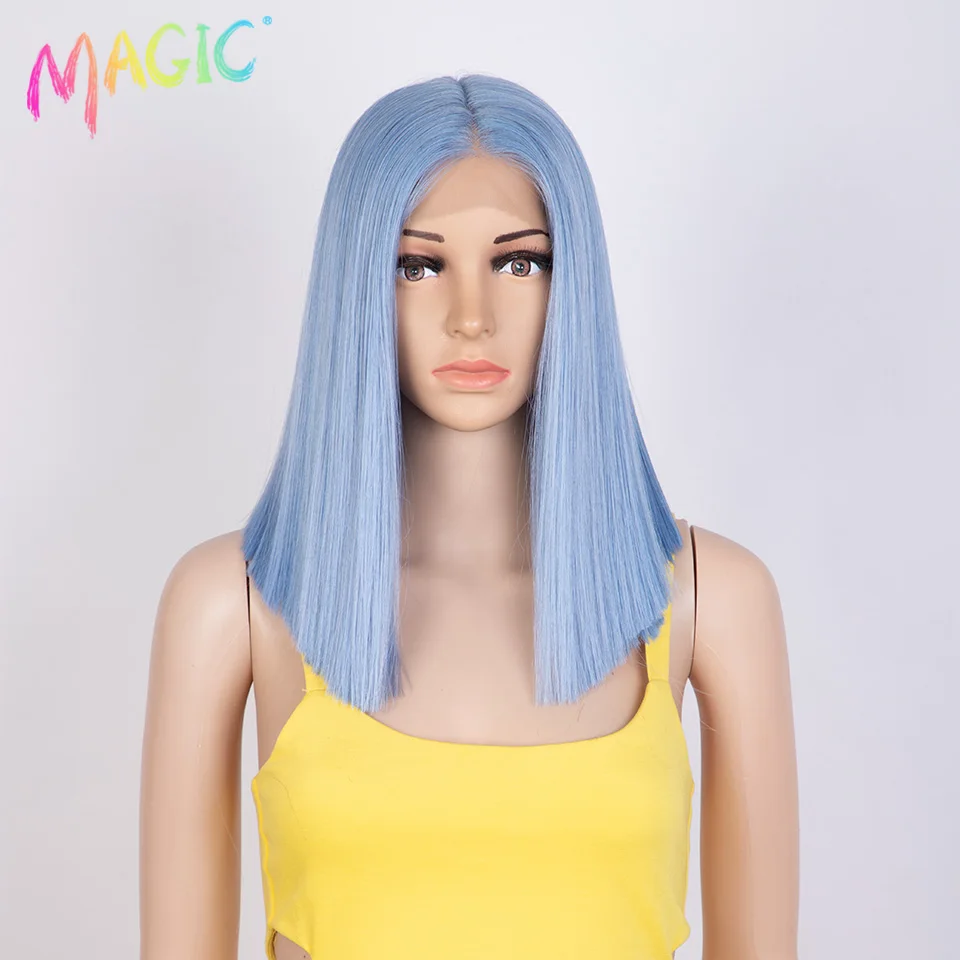 

Magic Synthetic Lace Wig Short Bob Straight Hair 14 Inch Blue Ombre Highlights Color Cosplay Wigs For Black Women Soft Hair