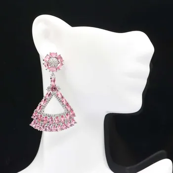 

51x30mm SheCrown Created Long Pink Tourmaline White CZ Gift For Woman's Silver Earrings