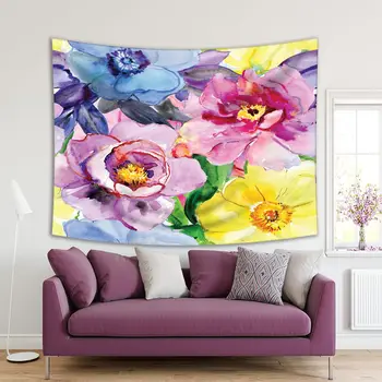 

Tapestry Abstract Watercolor Painting with Magnolia Lily Orchid Flowers and Tropical Leaves Printed Yellow Blue Purple