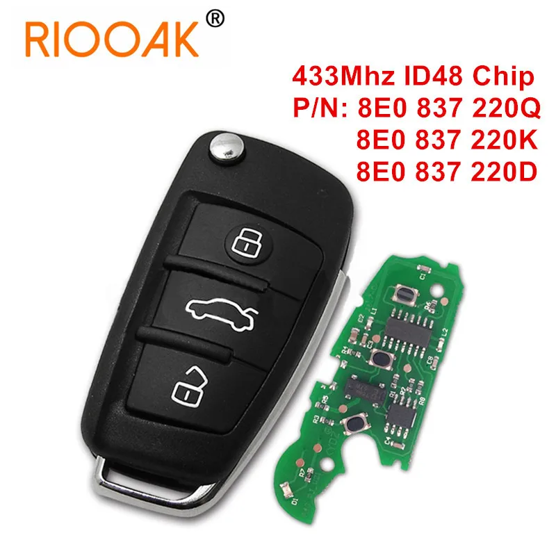 

3 Button Remote Car Flip Key Fob 433MHz ID48 Chip for Audi A2 A4 S4 RS4 Cabrio Quattro Avant 8E0 837 220 Q/K/D