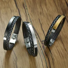 Нержавеющая стальной кожаный браслет изогнутая плетеная искусственная кожа браслет Европейский стиль черный человек