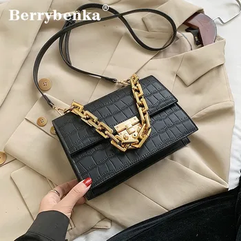 

Berrybenka Trending Designer Crossbody Shoulder Handbags for Women 2020 Branded Trend Thick Chain Small PU Leather Flap Bags