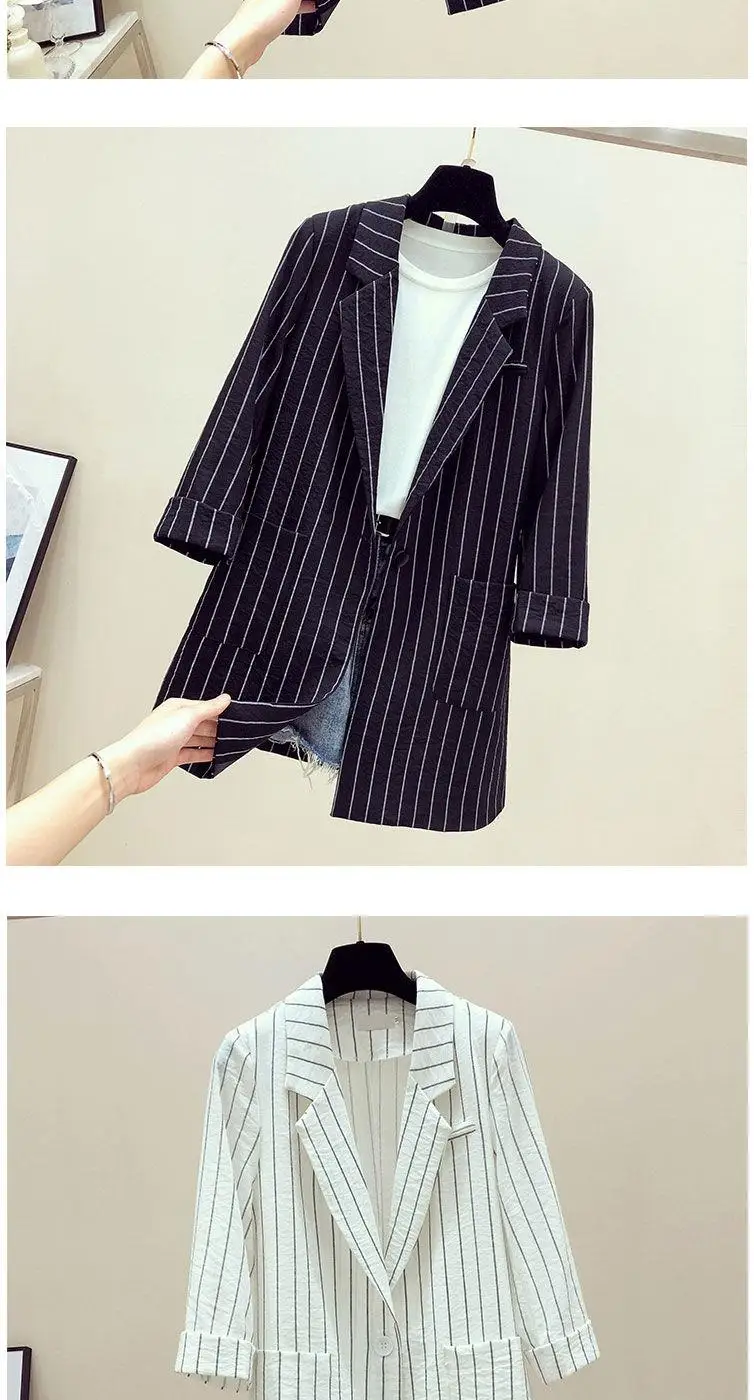 Spring / summer new loose British stripe Blazer sunscreen coat women's medium length thin casual suit UT073